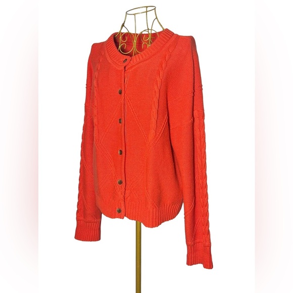 Cabi Orange Cable Knit Button Front Cardigan Sweater w/ Colorful Placket, Large - Picture 6 of 16